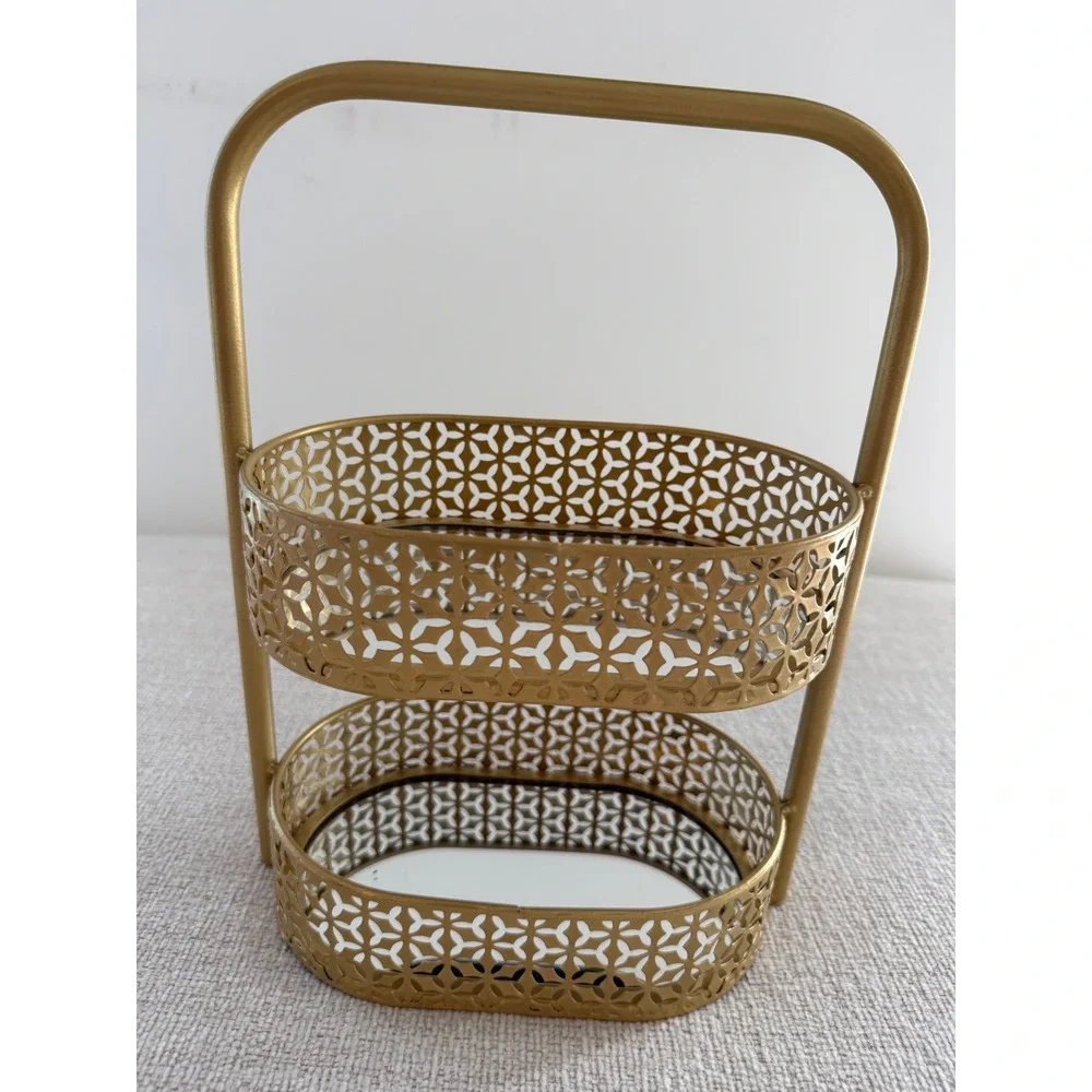 Gold Two Tier Counter Organizer with Mirrors Bathroom Decor Glam Regancy